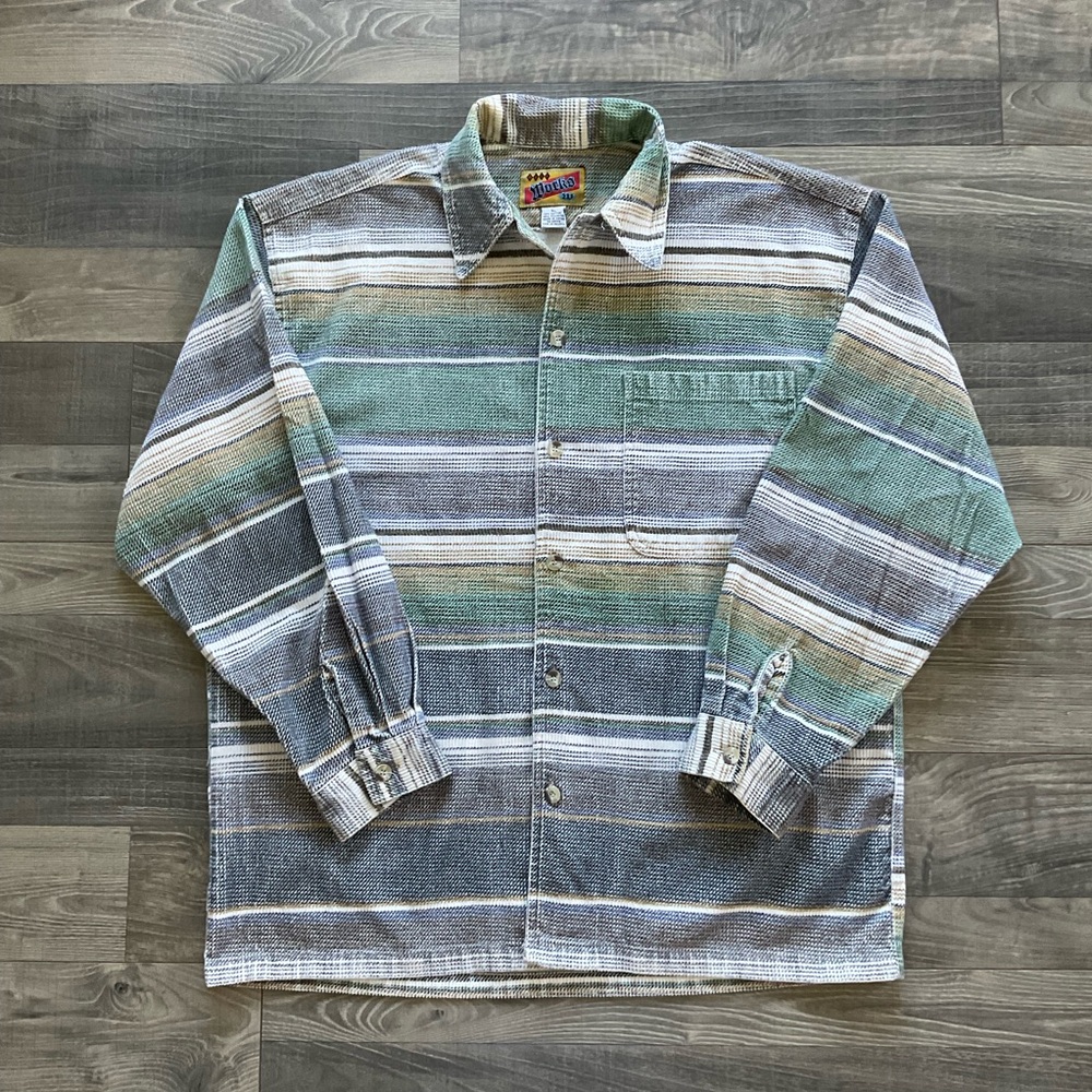 VTG Axle Works Button Up Grid Corduroy Shirt Men’s XL Green Grey White Striped